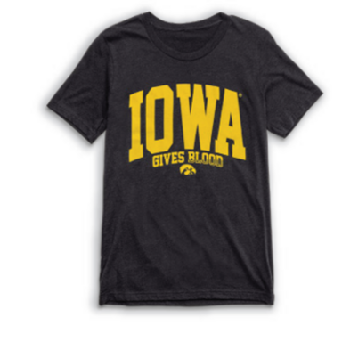 Black t-shirt with Iowa gold letters and the text "gives blood" appears below. The tiger hawk is also printed in gold.