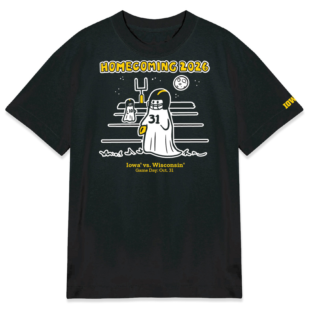 A black homecoming shirt with two ghosts on the field wearing football helmets. 