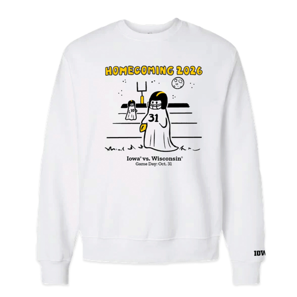 White sweatshirt with two ghosts dressed as football players on the football field.