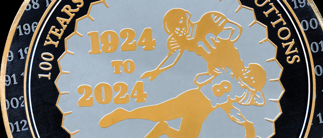 close up image of the commemorative button